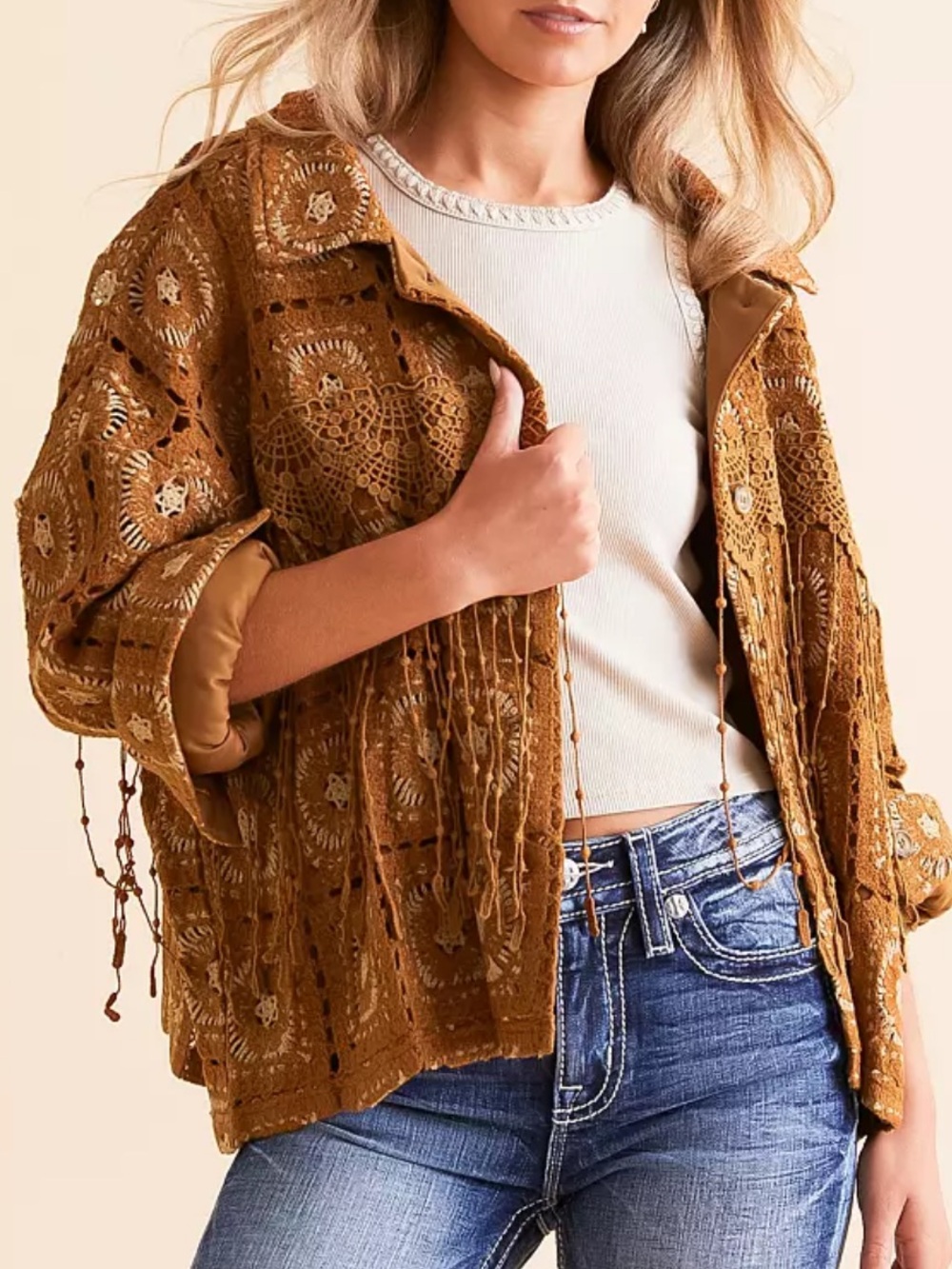 Miss Me Macrame Crochet Jacket size medium boho western cow girl fringe